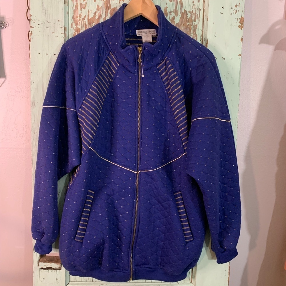 Women’s vintage Euro Joy blue and gold quilted zip up jacket with pockets